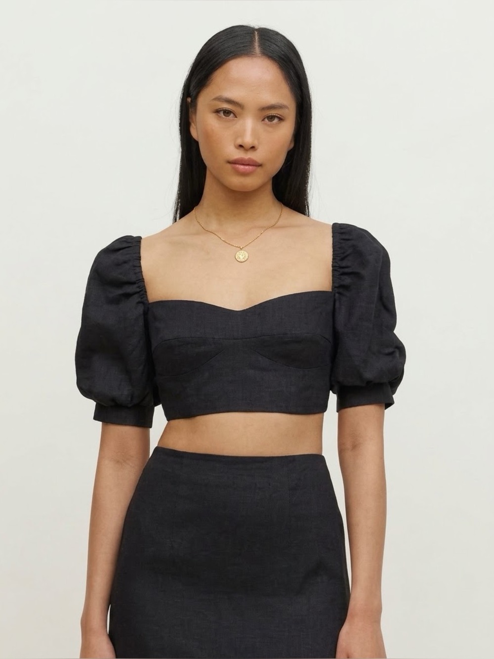 Reformation Sunnie Black Puff Short Sleeve Cropped Top Sweetheart Smocked Size 6